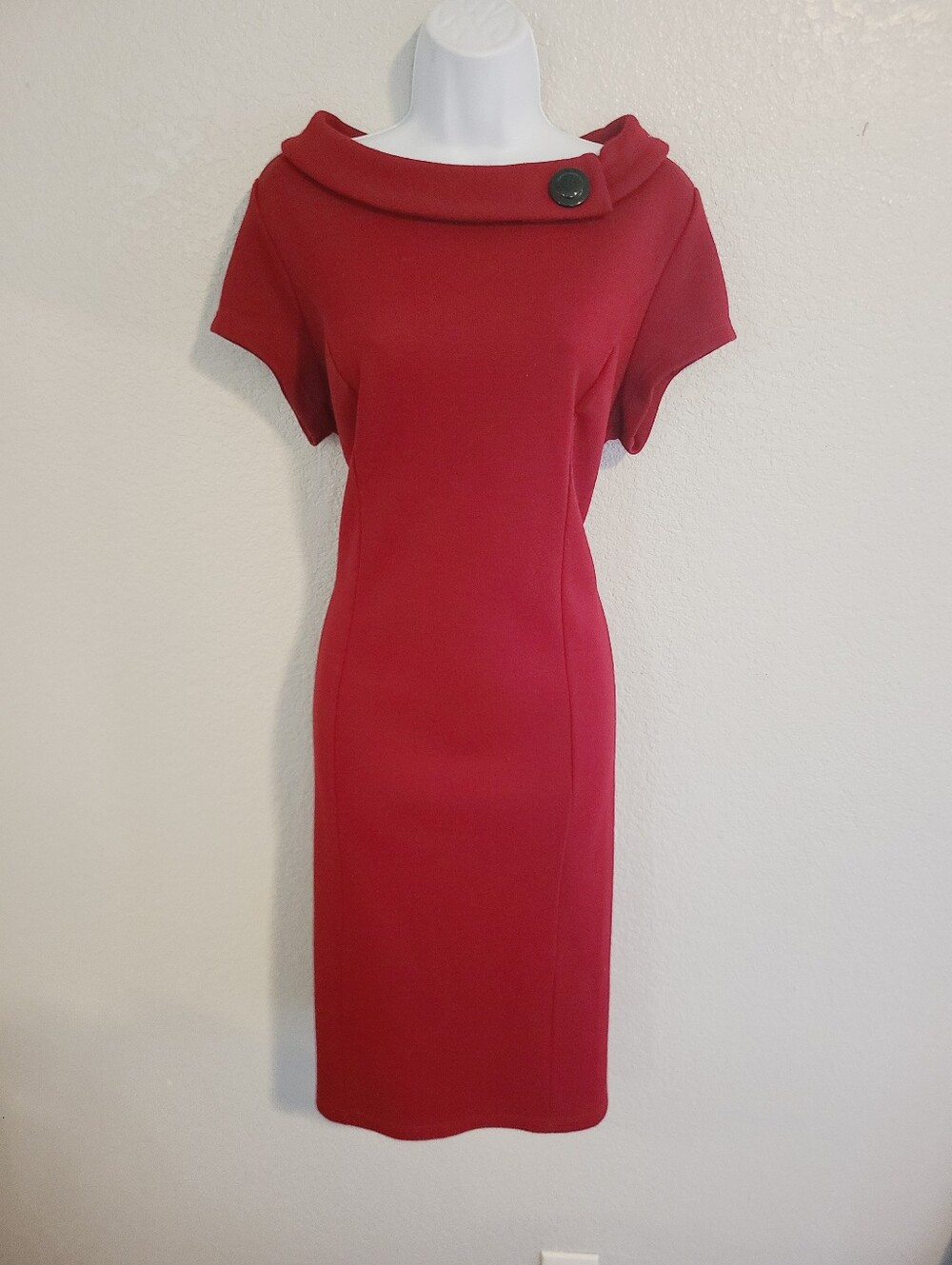 Lemmie Nina Leonard Red Sheath Pencil Dress Roll Collar Jackie O 60s Retro Vibe